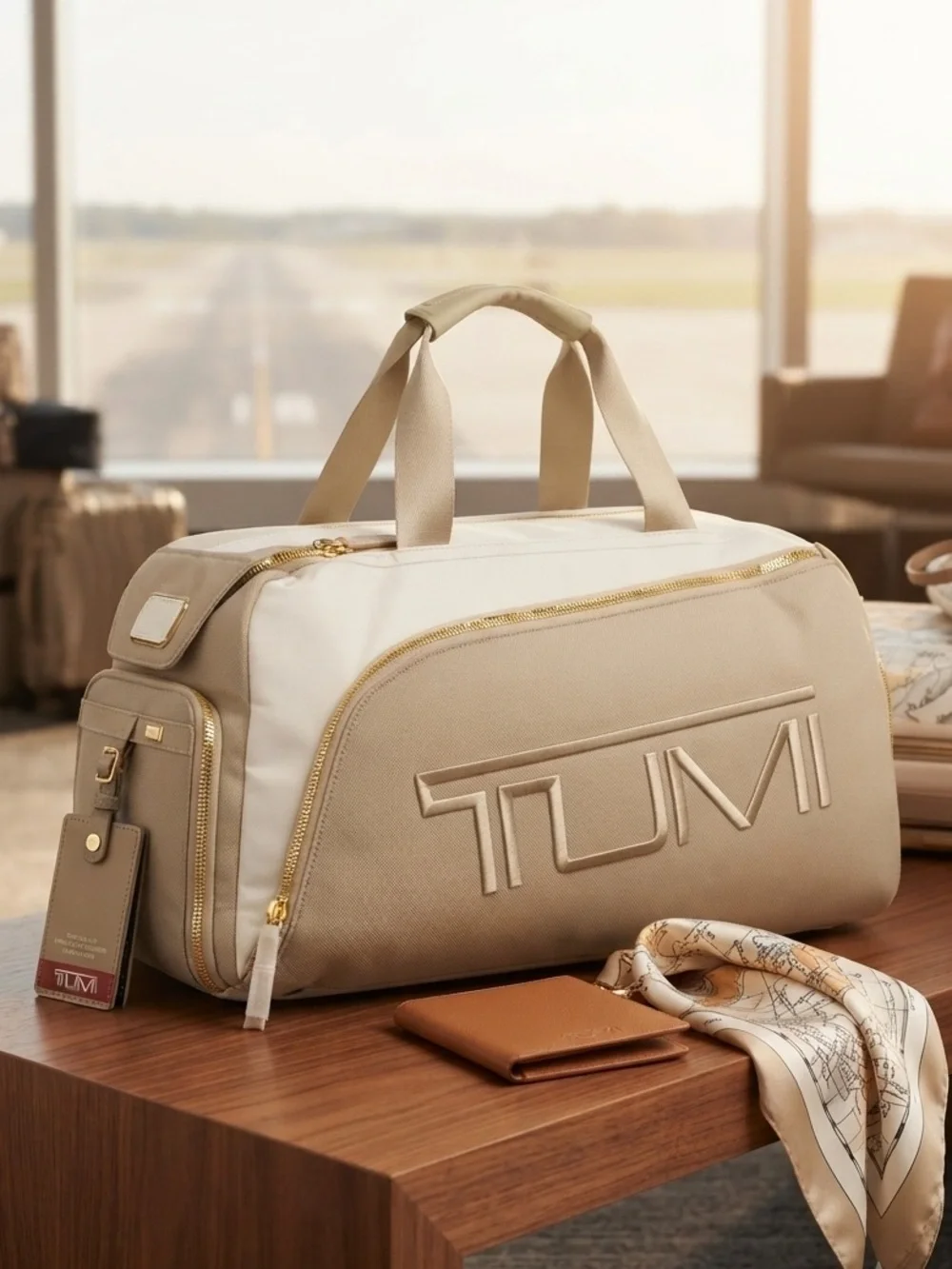 Tumi Beige Duffel Bag with Gold Hardware